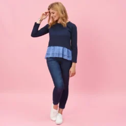 3 SUISSESSweat manches longues double volant sur bas femme - Bleu noir en viscose