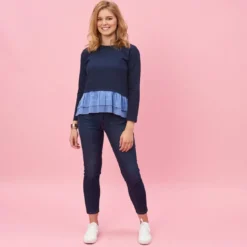 3 SUISSESSweat manches longues double volant sur bas femme - Bleu noir en viscose