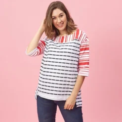 3 SUISSESSweat manches 3/4 rayé asymétrique femme - Rouge blanc en viscose