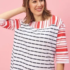 3 SUISSESSweat manches 3/4 rayé asymétrique femme - Rouge blanc en viscose
