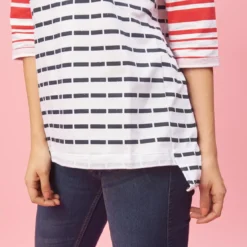 3 SUISSESSweat manches 3/4 rayé asymétrique femme - Rouge blanc en viscose