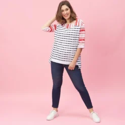 3 SUISSESSweat manches 3/4 rayé asymétrique femme - Rouge blanc en viscose