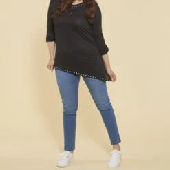 3 SUISSESTee-shirt asymértrique en pointe manches longues et punaises grandes tailles femme - Noir