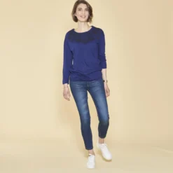 3 SUISSESTee-shirt bas et manches longues élastiqués dentelle imprimée femme - Bleu Dur en coton