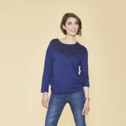 3 SUISSESTee-shirt bas et manches longues élastiqués dentelle imprimée femme - Bleu Dur en coton