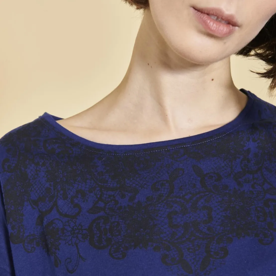 3 SUISSESTee-shirt bas et manches longues élastiqués dentelle imprimée femme - Bleu Dur en coton
