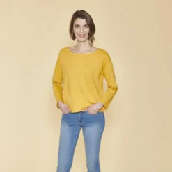 3 SUISSESTee-shirt carré manches longues femme - Jaune Moutarde en coton