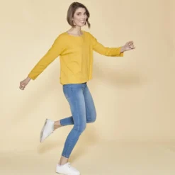 3 SUISSESTee-shirt carré manches longues femme - Jaune Moutarde en coton