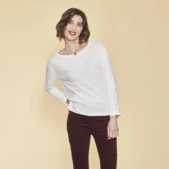 3 SUISSESTee-shirt carré manches longues femme - écru blanc en coton