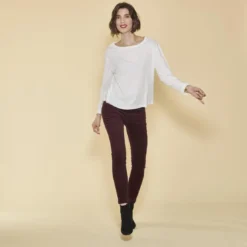 3 SUISSESTee-shirt carré manches longues femme - écru blanc en coton