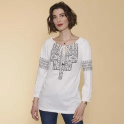 3 SUISSESTee-shirt col caftan manches 3/4 nid d'abeille et imprimé femme - écru blanc en coton