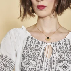 3 SUISSESTee-shirt col caftan manches 3/4 nid d'abeille et imprimé femme - écru blanc en coton
