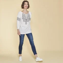 3 SUISSESTee-shirt col caftan manches 3/4 nid d'abeille et imprimé femme - écru blanc en coton