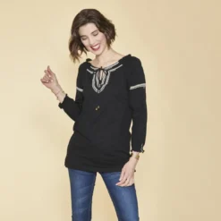 3 SUISSESTee-shirt col caftan manches 3/4 nid d'abeille et imprimé femme - Noir en coton
