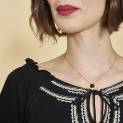 3 SUISSESTee-shirt col caftan manches 3/4 nid d'abeille et imprimé femme - Noir en coton