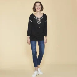 3 SUISSESTee-shirt col caftan manches 3/4 nid d'abeille et imprimé femme - Noir en coton