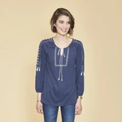 3 SUISSESTee-shirt col caftan manches longues élastiquées avec pompons femme - Bleu Indigo en coton