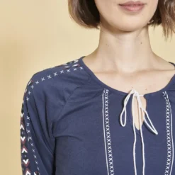 3 SUISSESTee-shirt col caftan manches longues élastiquées avec pompons femme - Bleu Indigo en coton