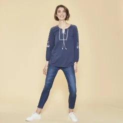 3 SUISSESTee-shirt col caftan manches longues élastiquées avec pompons femme - Bleu Indigo en coton