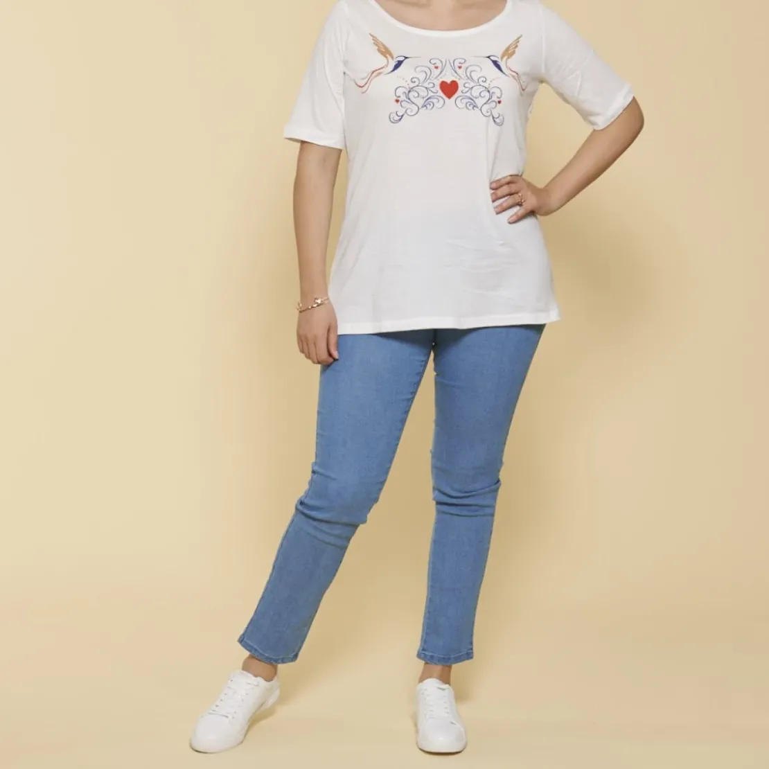 3 SUISSESTee-shirt col rond manches aux coudes broderie devant grandes tailles femme - écru blanc en coton