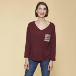 3 SUISSESTee-shirt fendu manches longues poche plaquée imprimée femme - Rouge Grenat en coton