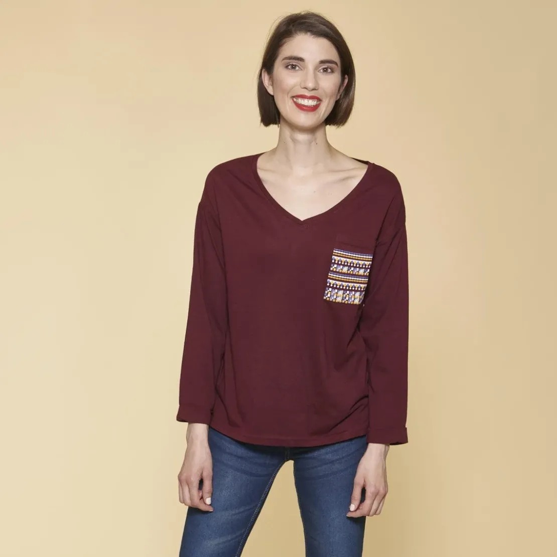 3 SUISSESTee-shirt fendu manches longues poche plaquée imprimée femme - Rouge Grenat en coton