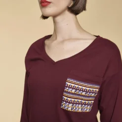 3 SUISSESTee-shirt fendu manches longues poche plaquée imprimée femme - Rouge Grenat en coton