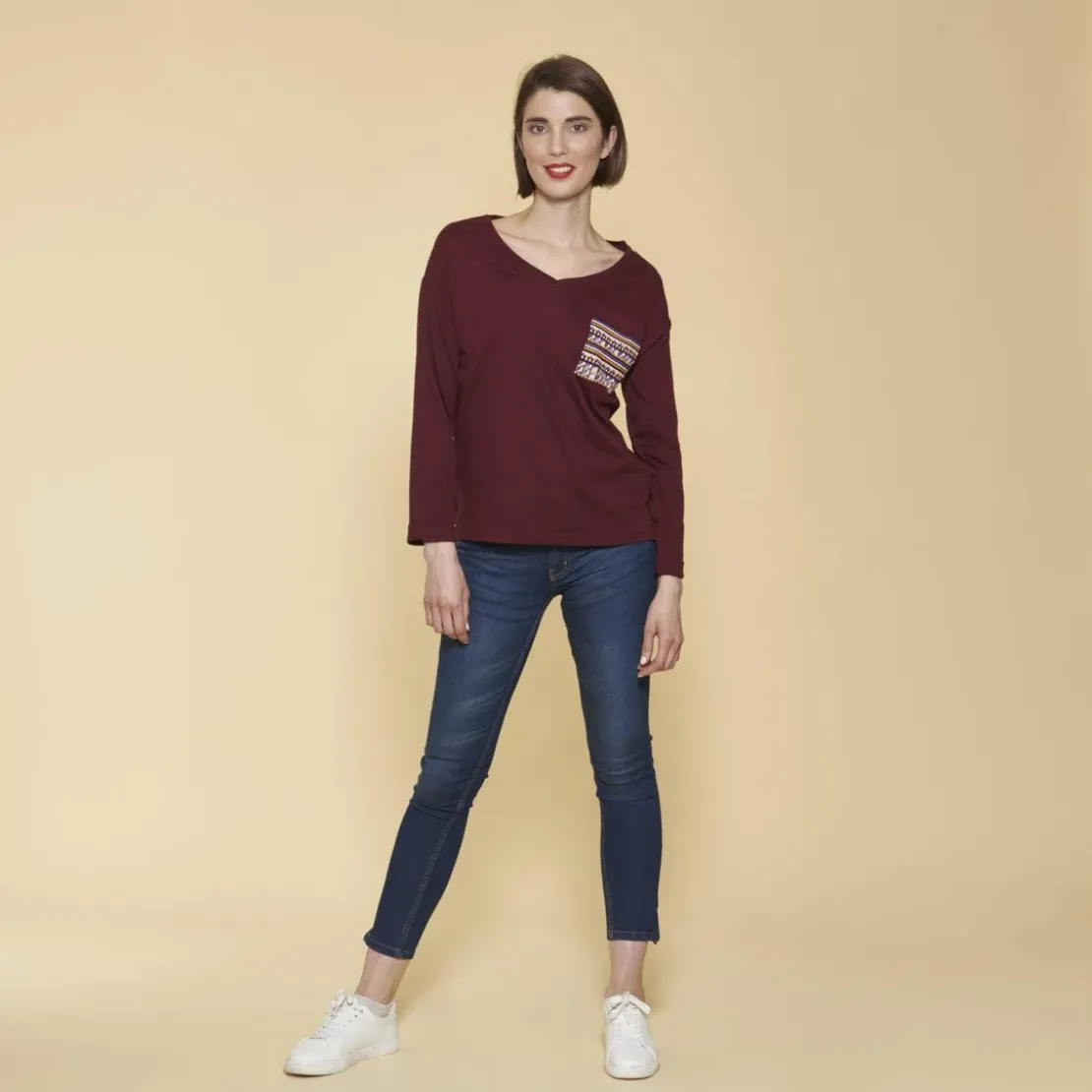 3 SUISSESTee-shirt fendu manches longues poche plaquée imprimée femme - Rouge Grenat en coton