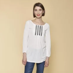 3 SUISSESTee-shirt froncé dentelle manches longues femme - écru blanc