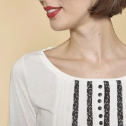 3 SUISSESTee-shirt froncé dentelle manches longues femme - écru blanc