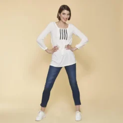 3 SUISSESTee-shirt froncé dentelle manches longues femme - écru blanc