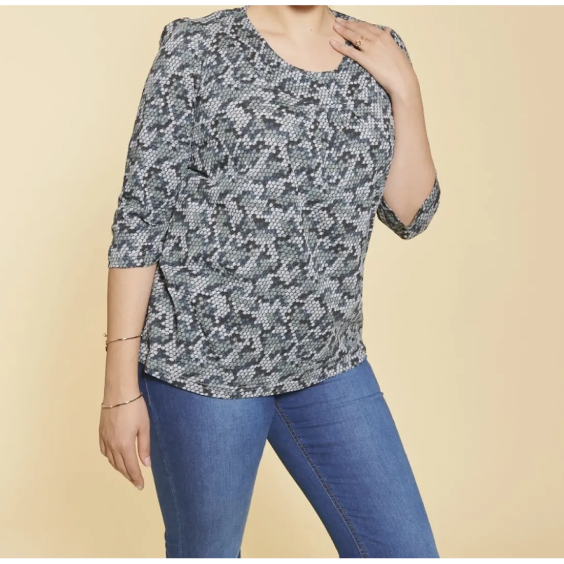 3 SUISSESTee-shirt imprimé col rond plissé manches 3/4 femme - Imprimé Gris