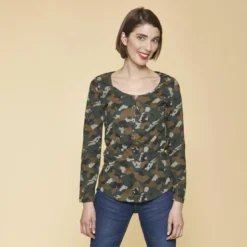3 SUISSESTee-shirt imprimé manches longues ajustables femme - Imprimé Kaki vert en coton