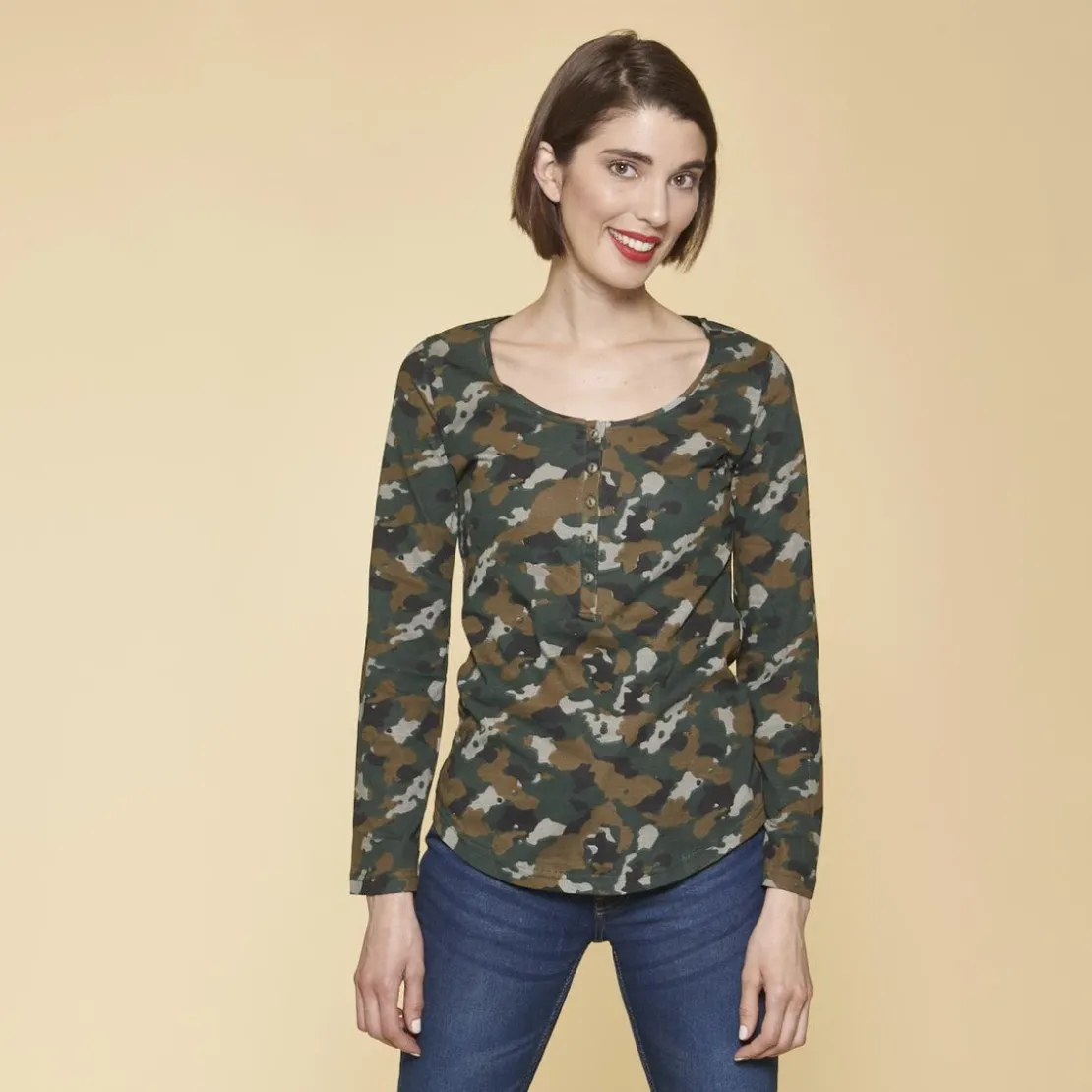 3 SUISSESTee-shirt imprimé manches longues ajustables femme - Imprimé Kaki vert en coton