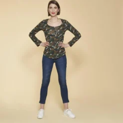 3 SUISSESTee-shirt imprimé manches longues ajustables femme - Imprimé Kaki vert en coton