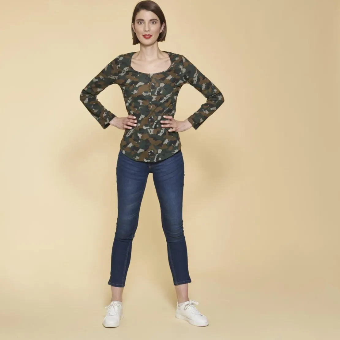 3 SUISSESTee-shirt imprimé manches longues ajustables femme - Imprimé Kaki vert en coton