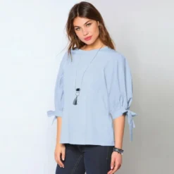 3 SUISSESTee-shirt manches 3/4 bouffantes rubans noués femme - Bleu Ciel en coton
