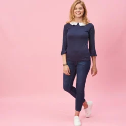 3 SUISSESTee-shirt manches 3/4 col brodé amovible femme - Bleu Marine