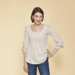 3 SUISSESTee-shirt manches longues élastiquées et dentelle femme - Sable beige en coton
