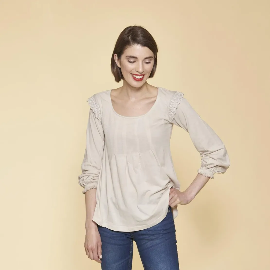 3 SUISSESTee-shirt manches longues élastiquées et dentelle femme - Sable beige en coton