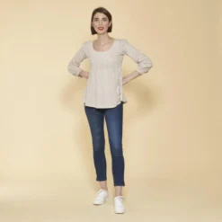 3 SUISSESTee-shirt manches longues élastiquées et dentelle femme - Sable beige en coton