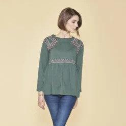3 SUISSESTee-shirt manches longues bas volanté et imprimé devant femme - Vert Bouteille en coton