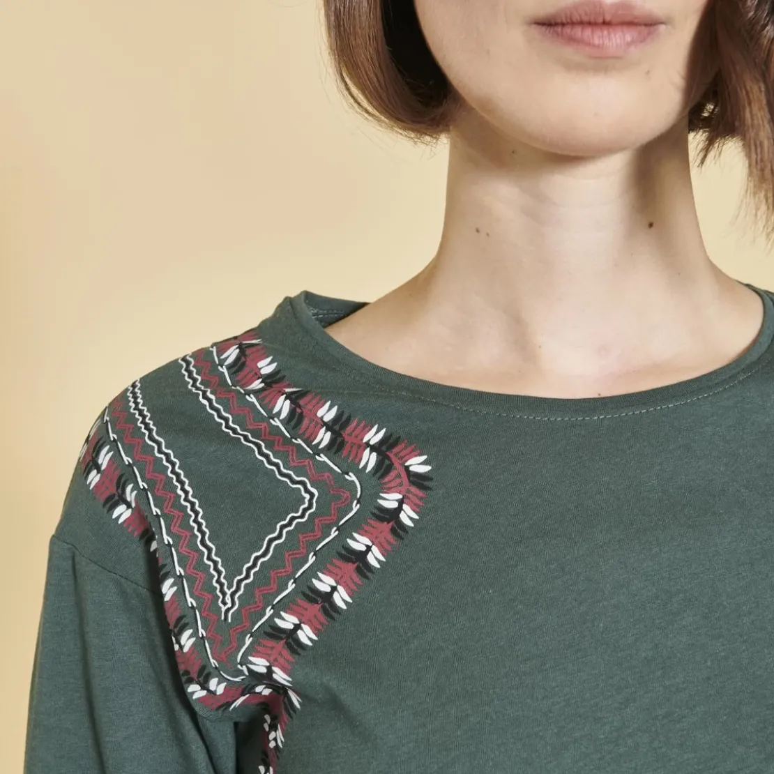 3 SUISSESTee-shirt manches longues bas volanté et imprimé devant femme - Vert Bouteille en coton