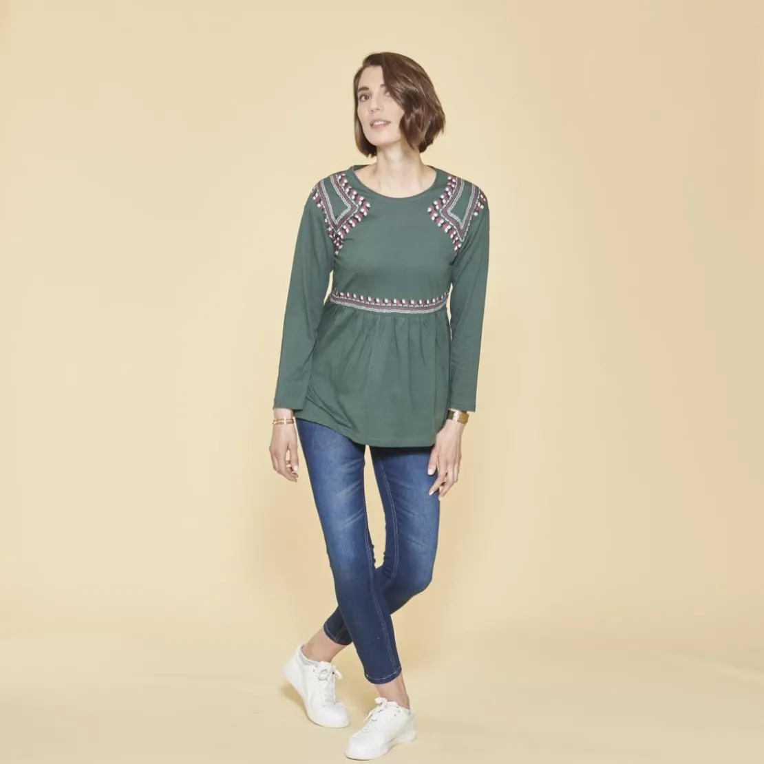 3 SUISSESTee-shirt manches longues bas volanté et imprimé devant femme - Vert Bouteille en coton