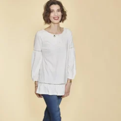 3 SUISSESTee-shirt manches longues élastiquées guipure et volants femme - écru blanc en coton