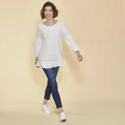 3 SUISSESTee-shirt manches longues élastiquées guipure et volants femme - écru blanc en coton
