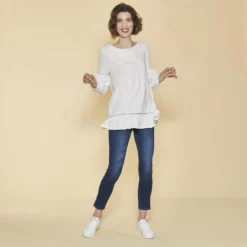 3 SUISSESTee-shirt manches longues élastiquées guipure et volants femme - écru blanc en coton