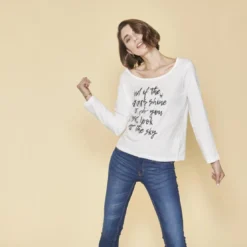 3 SUISSESTee-shirt manches longues message imprimé femme - écru blanc en coton
