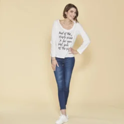 3 SUISSESTee-shirt manches longues message imprimé femme - écru blanc en coton