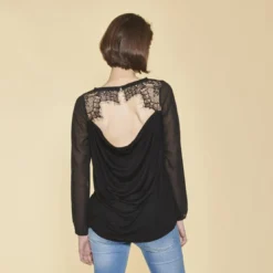 3 SUISSESTee-shirt manches longues dos ouvert et drapé dentelle femme - Noir